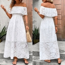 Fashion Jacquard Ruffle Off-the-shoulder Tiered White Midi Dress