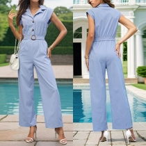 Elegant Notch Lapel Stand Collar Button High-rise Straight-cut Jumpsuit