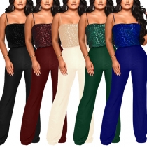 Sexy Square Neck Sequin Bodice Spliced Chiffon Straight-cut Jumpsuit