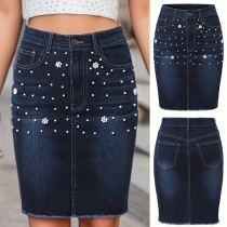 Vintage Beaded High-rise Old-washed Denim Skirt