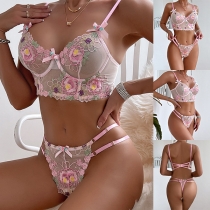 Sexy Vintage Floral Embroidery Pink Two-piece Lingerie Set