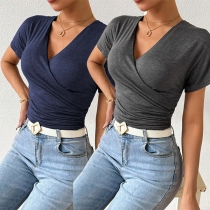 Casual V-neck Short Sleeve Ruched Shirt