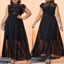 Elegant Mock Neck Sleeveless Lace Spliced Chiffon Plus-size Dress