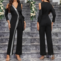 Elegant Bling-bling V-neck Open-shoulder Long Sleeve Self-tie Straight-cut Jumpsuit
