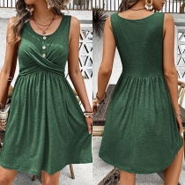 Casual Round Neck Sleeveless Front Button Cross-criss Ruched Mini Dress