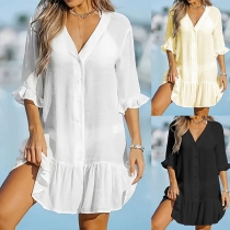 Casual Solid Color V-neck Short Sleeve Mini Dress