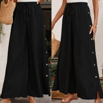 Casual Comfy Vertical Stripe Side Button Wide-leg Pants