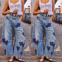Street Fashion Heart Printed Mid-rise Loose Denim Jeans for Women