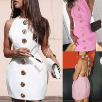 Fashion 3D Rose Button Halterneck Backless Sleeveless Mini Dress
