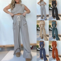 Fashion Solid Color Two-piece Set Consist of Sleeveless Shirt and Straight-cut Pants