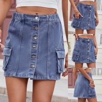 Fashion Elastic Waist Front Button Side Patch Pockets Old-washed Denim Skirt