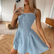 Sexy Lace-up Sweetheart Neckline Pleated Denim Dress