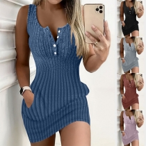 Fashion Button Sleeveless Side Pockets Ribbed Bodycon Dress