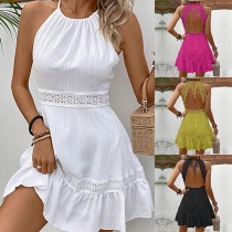Casual Lace Spliced Halterneck Backless Sleeveless Mini Dress