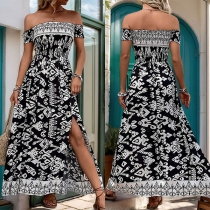 Vintage Floral Printed Off-the-shoulder Side Slit Maxi Dress