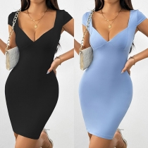 Fashion Solid Color V-neck Cap Sleeve Bodycon Dress