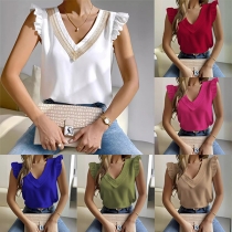 Fashion Lace Spliced V-neck Ruffle Sleeveless Shirt