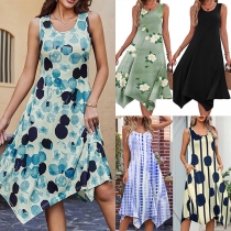 Fashion Printed V-neck Sleeveless Irregular Hemline Dress