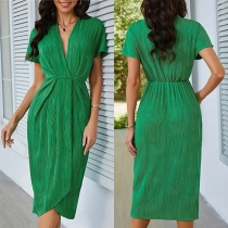 Fashion Wave Pattern V-neck Short Sleeve Irregular Hemline Dress