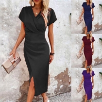 Fashion V-neck Short Sleeve Slit Bodycon Dress