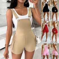 Fashion Solid Color Side Patch Pockets Suspender Romper