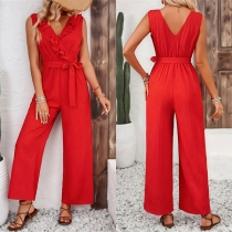 Fashion Ruffle V-neck Sleeveless Self-tie Straight-cut Jumpsuit