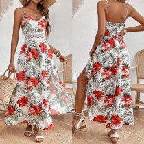 Fresh Style Floral Printed V-neck Lace Spliced Waist Slit Maxi Dress