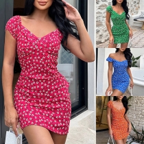 Fashion Floral Printed V-neck Cap Sleeve Bodycon Dress