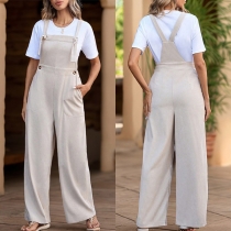 Fashion Solid Color Square Neck Self-tie Shoulder Strap Straight-cut Jumpsuit