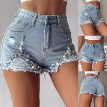 Street Fashion Rhinestone Distressed Od-washed Denim Shorts