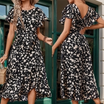 Fashion Floral Printed Round Neck Self-tie Ruffle Dress