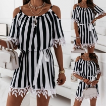 Street-fashion Contrast Color Stripe Printed  Lace Spliced Open-shoulder Short Sleeve Self-tie Mini-Dress