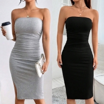 Sexy Solid Color Strapless Slit Bodycon Dress