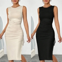 Fashion Solid Color Round Neck Sleeve Side Drawstring Slit Bodycon Dress