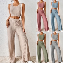 Fashion Ribbed Two-piece Set Consist of Crop Top and Straight-cut Pants