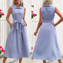 Fashion Stand Collar Sleeveless Front Button Self-tie Midi Dress