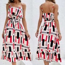 Sexy Contrast Color Printed Square Neck Self-tie Midi Dress