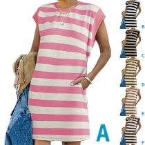 Fashion Contrast Color Stripe Printed Sleeveless Dress