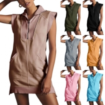 Casual Half-zipper Stand Collar Sleeveless Side Patch Pockets Dress