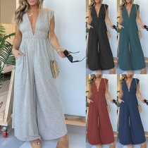 Fashion Solid Color V-neck Sleeveless High-rise Wide-leg Jumpsuit