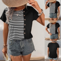 Fashion Button Stripe Printed Contrast Color Round Neck Short Sleeve Shirt