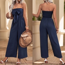 Sexy Strapless Front Bowknot High-rise Straight-cut Jumpsuit