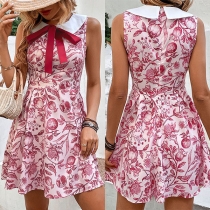 Sweet Style Floral Printed Stand Collar Bowknot Mini Dress