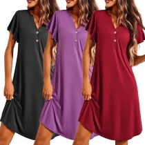 Casual Comfy Button V-neck Ruffle Short Sleeve Nightwear Dress