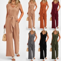 Fashion Solid Color V-neck Sleeveless Self-tie Waist Side Pockets Straight-cut Jumpsuit