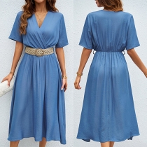 Fashion V-neck Short Sleeve High-rise Blue Dress without Belt