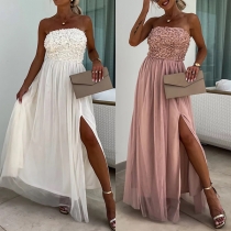 Sexy 3D Floral Strapless High-rise Slit Party Dress