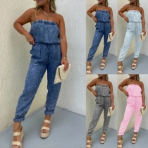 Fashion Strapless Elastic Waist Denim Jumpsuit