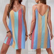 Casual Colorful Vertical Striped Printed V-neck Sleeveless Cami Dress