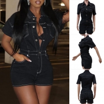 Fashion Stand Collar Front Button Short Sleeve Denim Romper